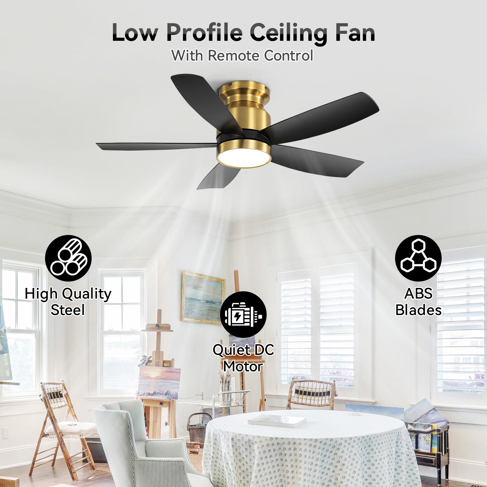 42 Inch Flush Mount Ceiling Fans with LED Light 18W and Remote Control 5 ABS Fan Blades for Bedroom Patio