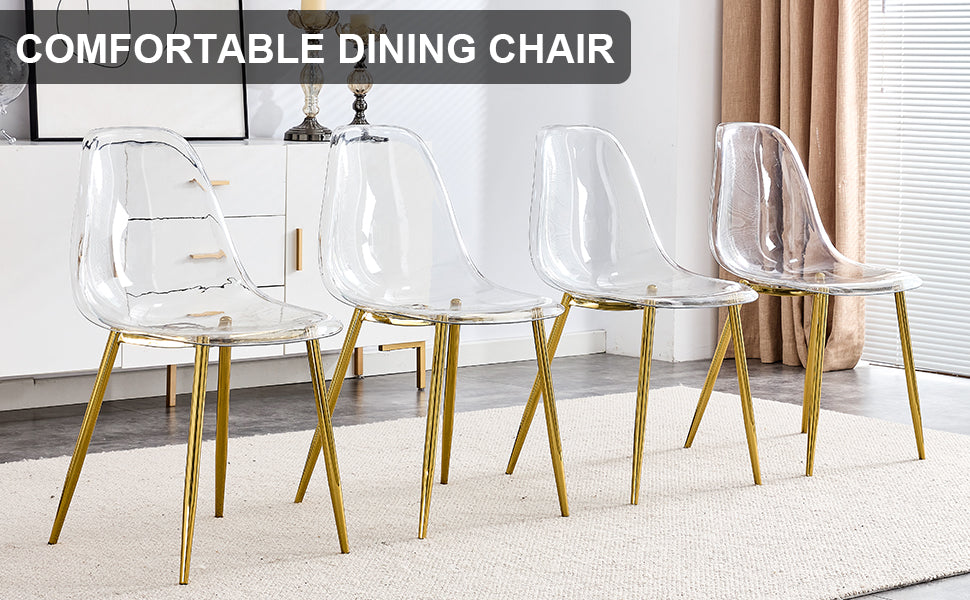 Modern simple transparent dining chair plastic chair armless crystal chair Nordic creative makeup stool negotiation chair Set of 4 and plating metal leg of goldenW115191501 ,TW-1200