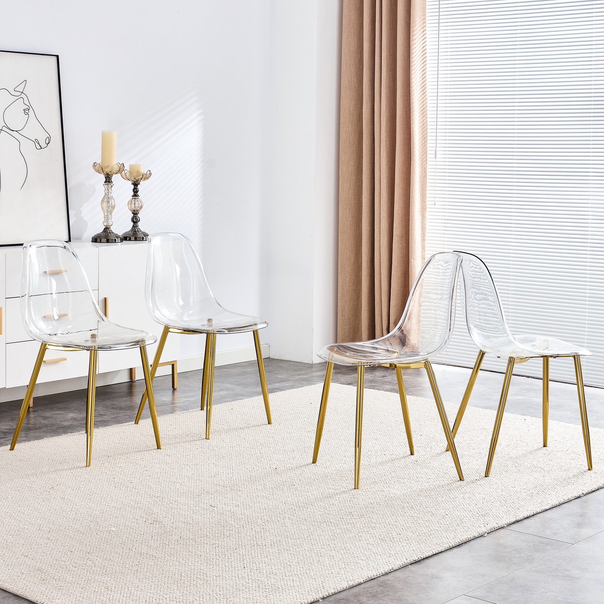Modern simple transparent dining chair plastic chair armless crystal chair Nordic creative makeup stool negotiation chair Set of 4 and plating metal leg of goldenW115191501 ,TW-1200
