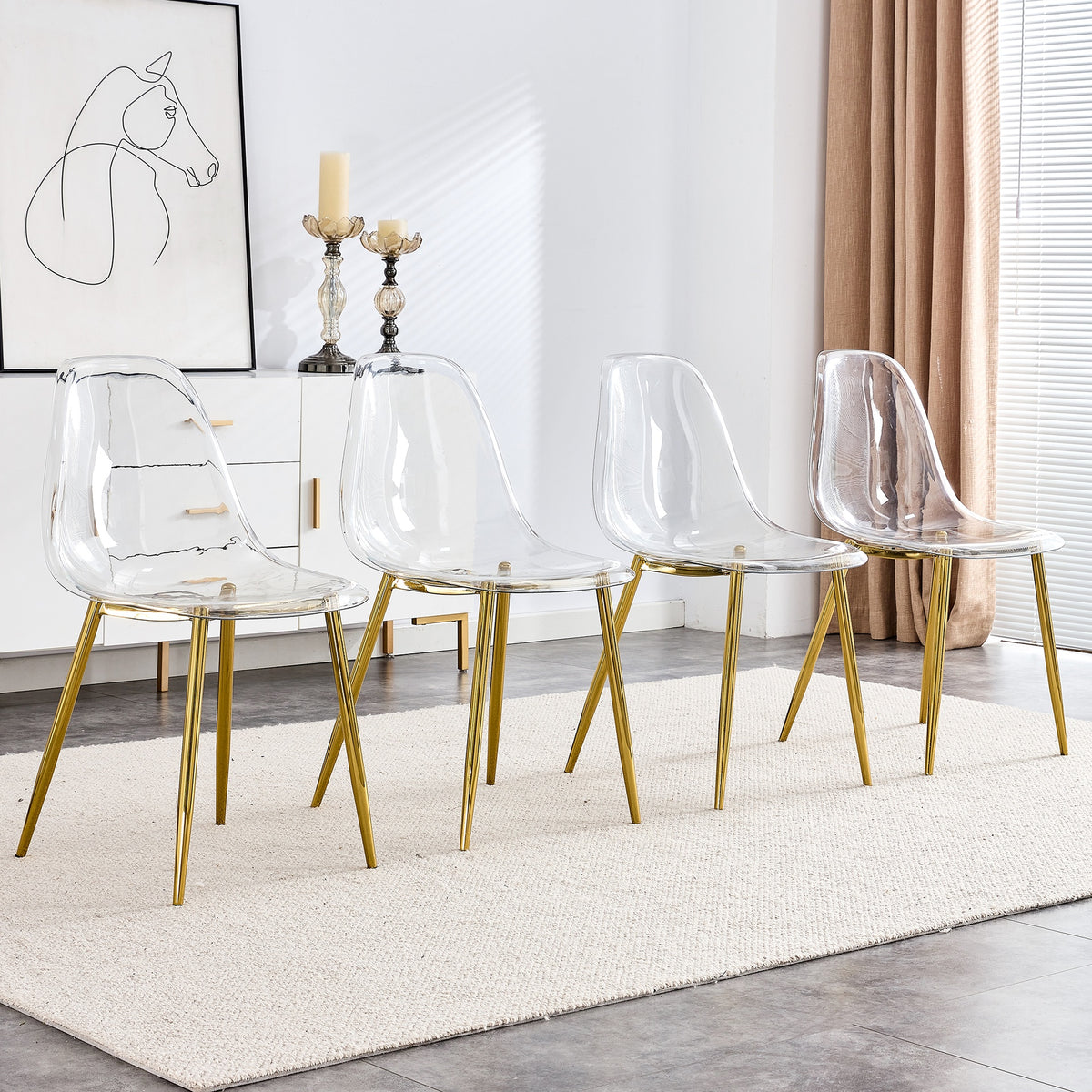 Modern simple transparent dining chair plastic chair armless crystal chair Nordic creative makeup stool negotiation chair Set of 4 and plating metal leg of goldenW115191501 ,TW-1200