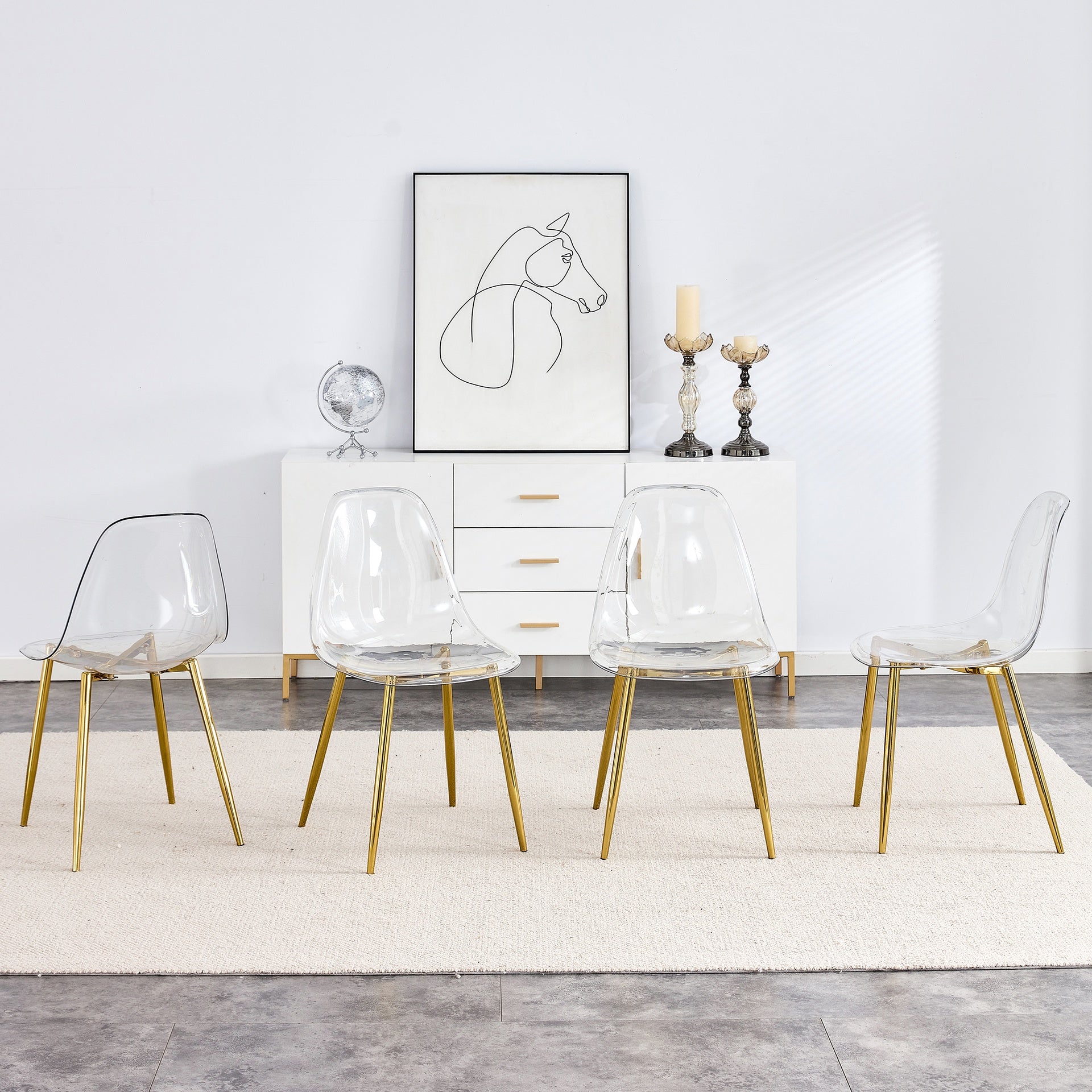 Modern simple transparent dining chair plastic chair armless crystal chair Nordic creative makeup stool negotiation chair Set of 4 and plating metal leg of goldenW115191501 ,TW-1200