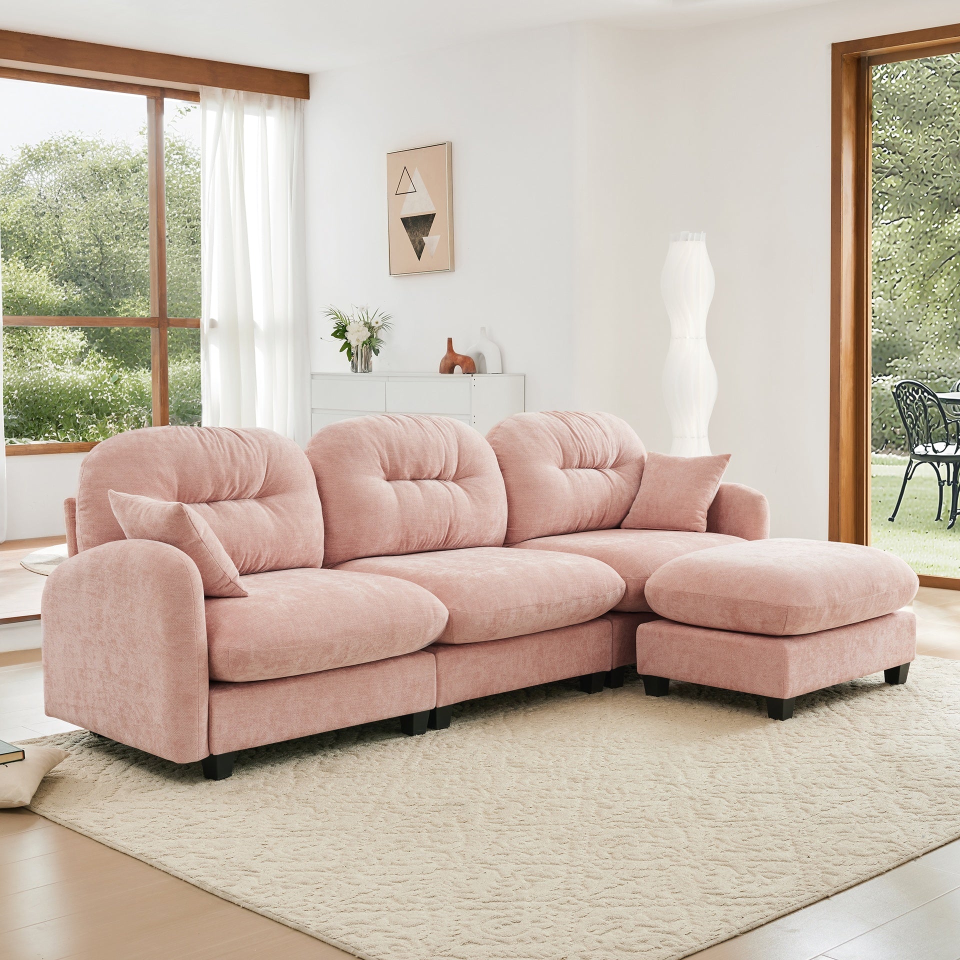Modular Sectional L Shaped Couch With Ottoman, Premium Chenille Fabric,Tufted Cushion Backrest Design,Ergonomic Design  Easy Install,Fits Bedrooms,Living Rooms Reading Nooks,Pink