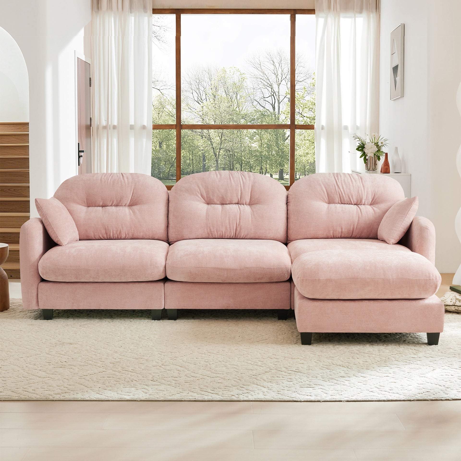 Modular Sectional L Shaped Couch With Ottoman, Premium Chenille Fabric,Tufted Cushion Backrest Design,Ergonomic Design  Easy Install,Fits Bedrooms,Living Rooms Reading Nooks,Pink