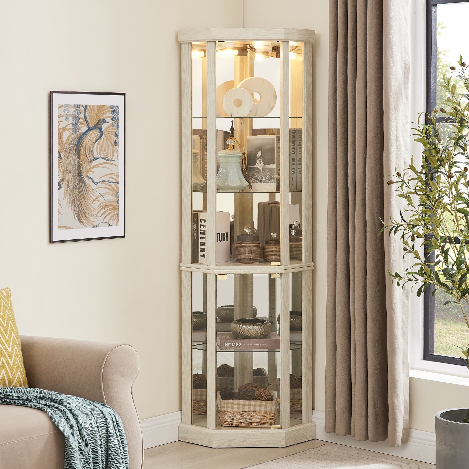 Corner Lighted Curio Cabinet Corner Glass Cabinet Lighted Curio Cabinet Corner Display Case for Living Room, Curio Cabinet, Antique collection, Wine,Bar Glass Storage Light Included,Antique White