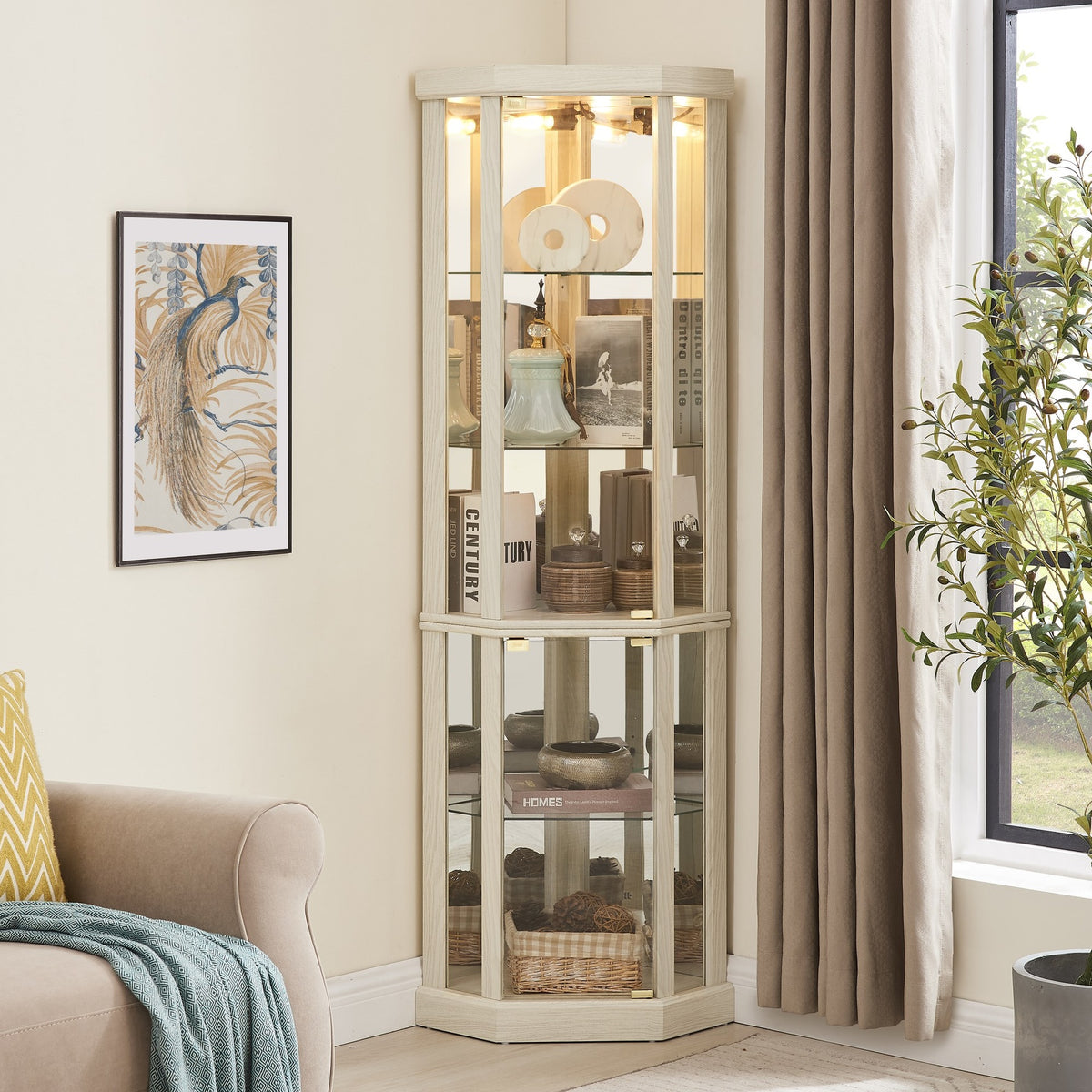 Corner Lighted Curio Cabinet Corner Glass Cabinet Lighted Curio Cabinet Corner Display Case for Living Room, Curio Cabinet, Antique collection, Wine,Bar Glass Storage Light Included,Antique White