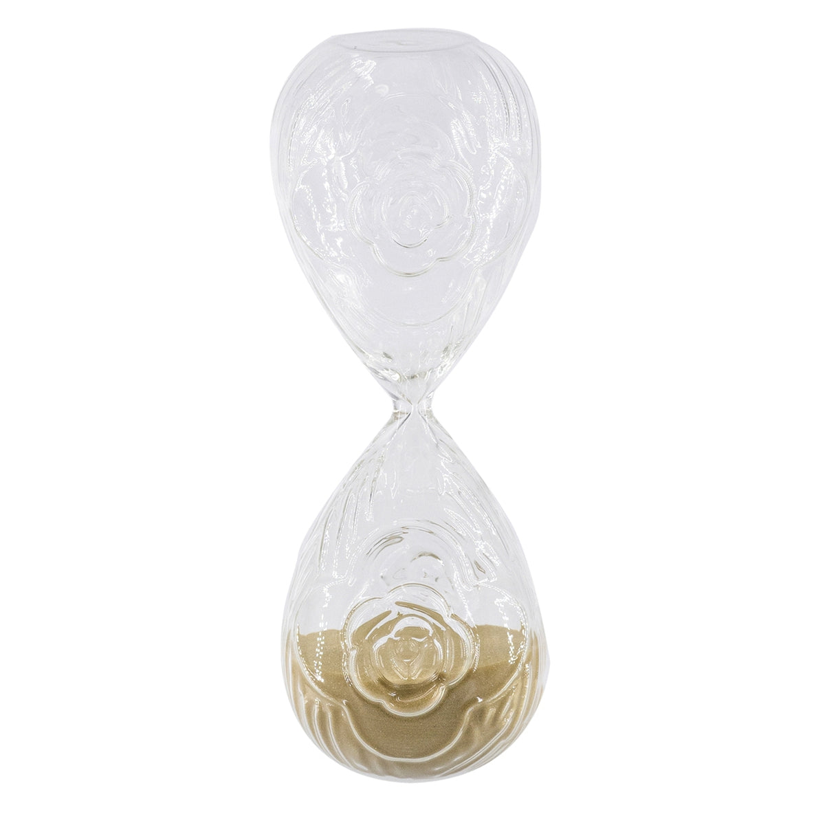 Set of 2  3.9x3.9x10" 45-Minute Clear Rose Embossed Hourglass, Black/Tan Sand