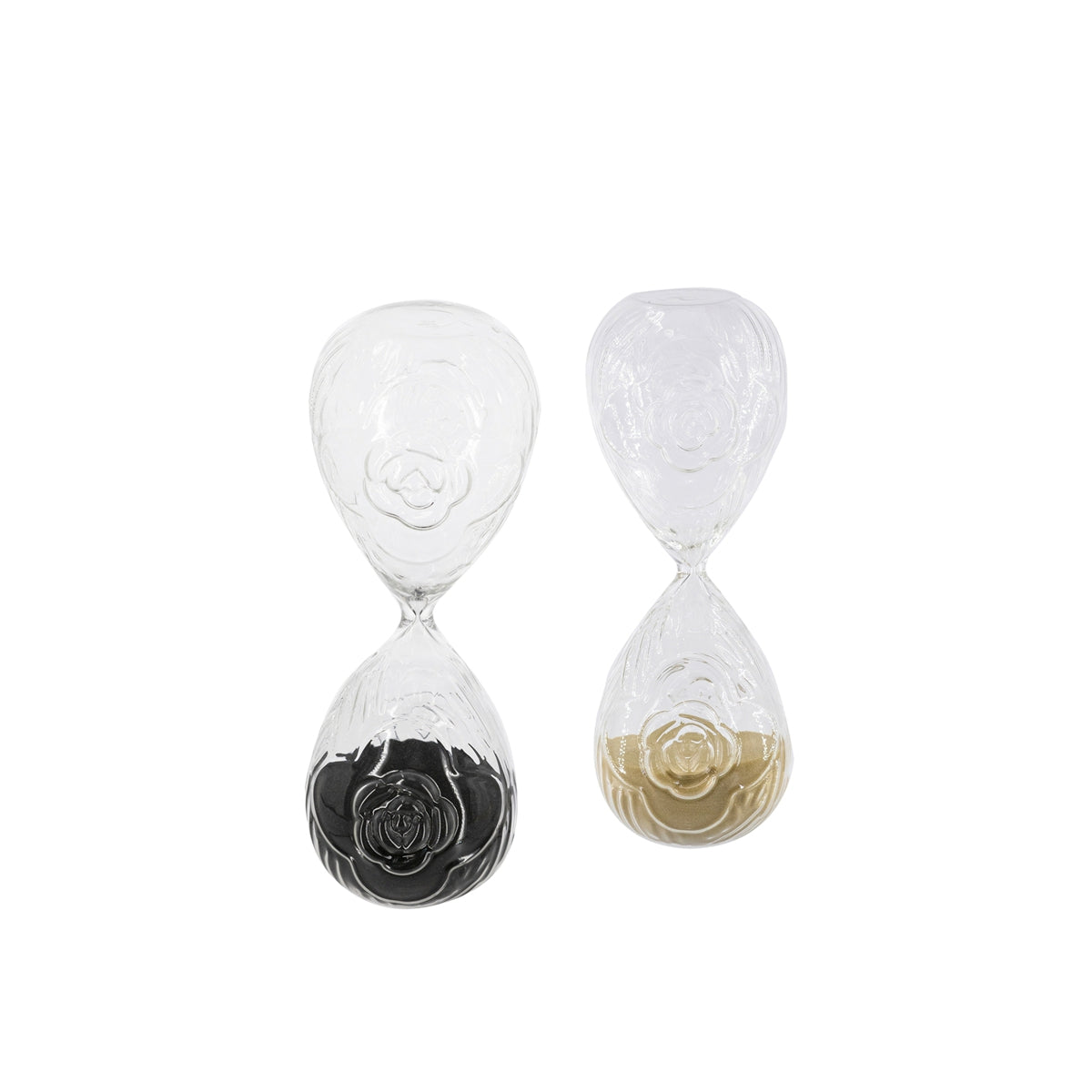 Set of 2  3.9x3.9x10" 45-Minute Clear Rose Embossed Hourglass, Black/Tan Sand