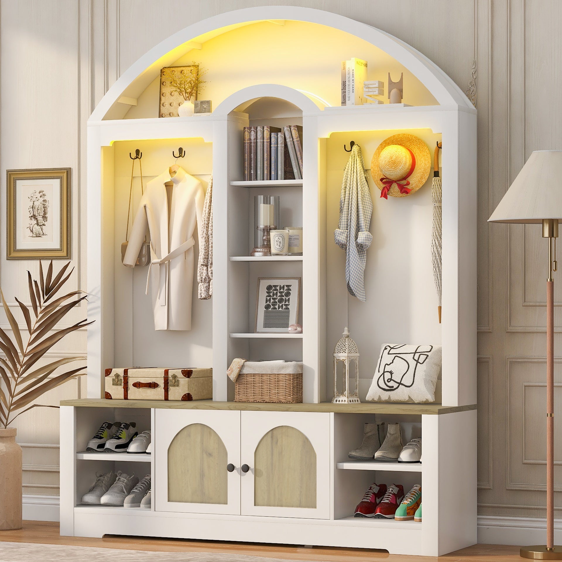 Multi-functional wardrobe/entrance wardrobe, equipped with shoe racks, clothes hangers and hooks. Wardrobe - A wardrobe is made of sturdy medium-density fiberboard with modern design and practical sto