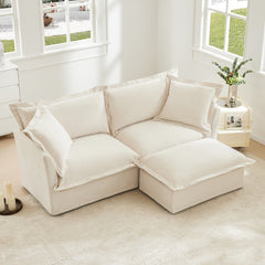 Slipcovered Sectional 2 Seater Sofa Couch with Convertible Ottoman, Wide and Deep Seat L Shaped Sofa with Detachable Cover and Soft Multiple Big Pillows, Chenille Fabric, Cream