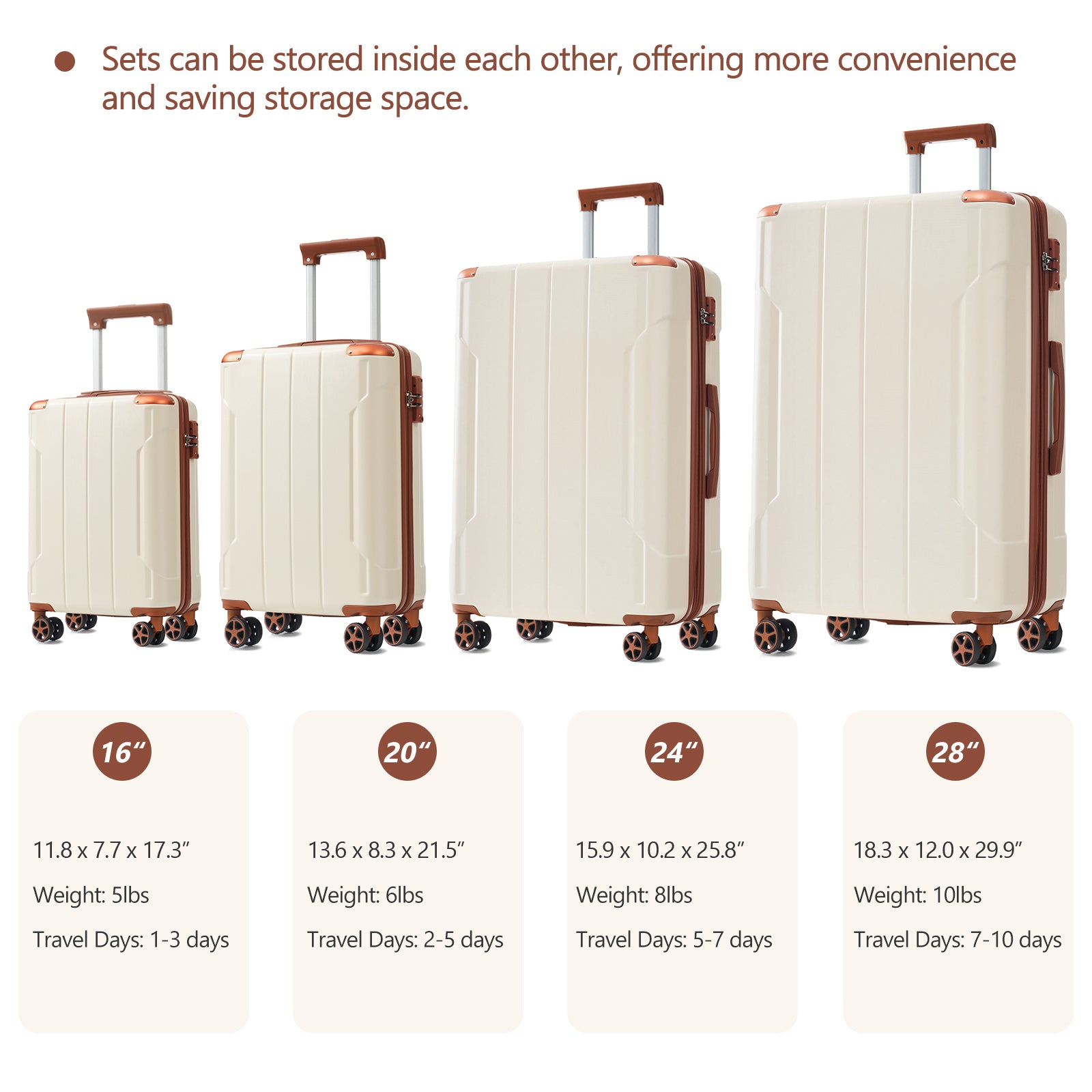 Hardshell Luggage Sets 6 Piece Suitcase Set, Expandable Lightweight Suitcases with Dual Wheels, TSA Lock for Men Women, White Brown
