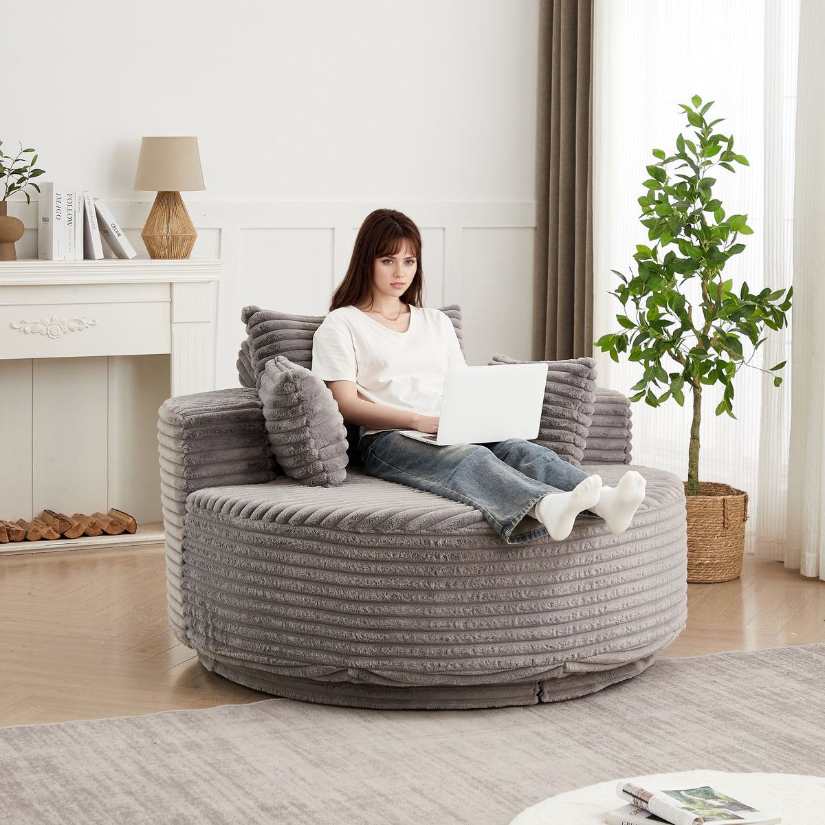 55''L Corduroy Foam Single Swivel Chair, Fluffy Modern Sleeper, 360 Degree Swivel Chair for Living Room, Bedroom, Lounge and Projection Room