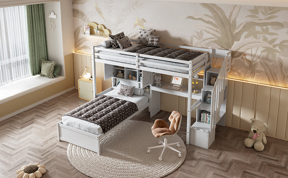 Twin over Twin Loft Bed with Built-in Desk and Staircase, With Storage Compartments and Shelves, White