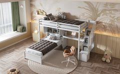 Twin over Twin Loft Bed with Built-in Desk and Staircase, With Storage Compartments and Shelves, White