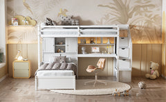 Twin over Twin Loft Bed with Built-in Desk and Staircase, With Storage Compartments and Shelves, White
