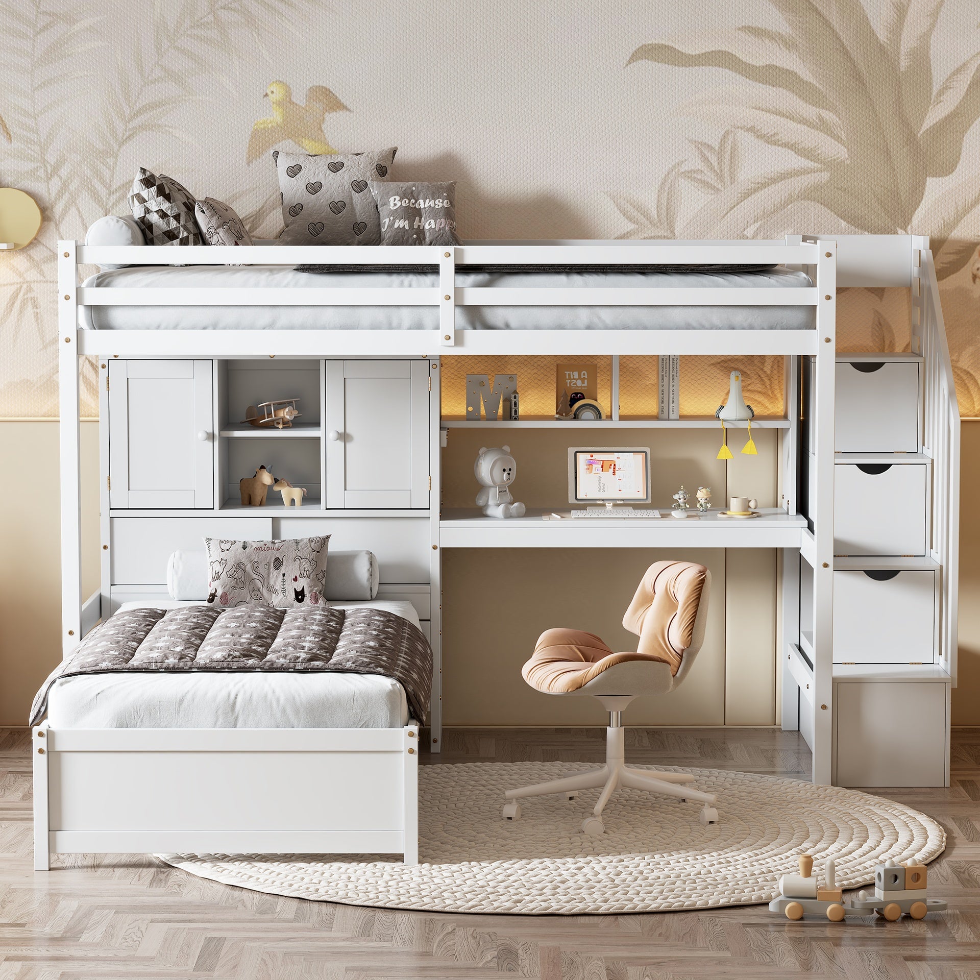 Twin over Twin Loft Bed with Built-in Desk and Staircase, With Storage Compartments and Shelves, White