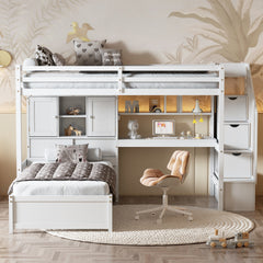 Twin over Twin Loft Bed with Built-in Desk and Staircase, With Storage Compartments and Shelves, White