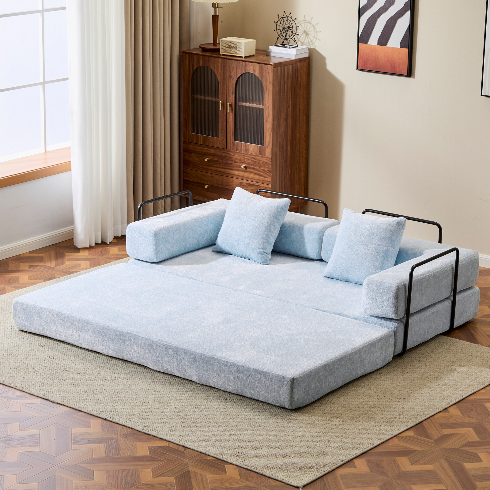 Floor Couch,Compression Sofa,Convertible Floor Sofa Bed-with Pillow Back Support Armrest,Comfy Futon Couch Lounge Sleeper Bed,Chenille fabric,for Living Room Bedroom (LIGHT-BLUE)