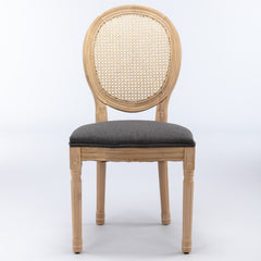 A&A Furniture,French Style Solid Wood Frame Antique Painting Linen Fabric Rattan Back Dining Chair,Set of 2,Gray