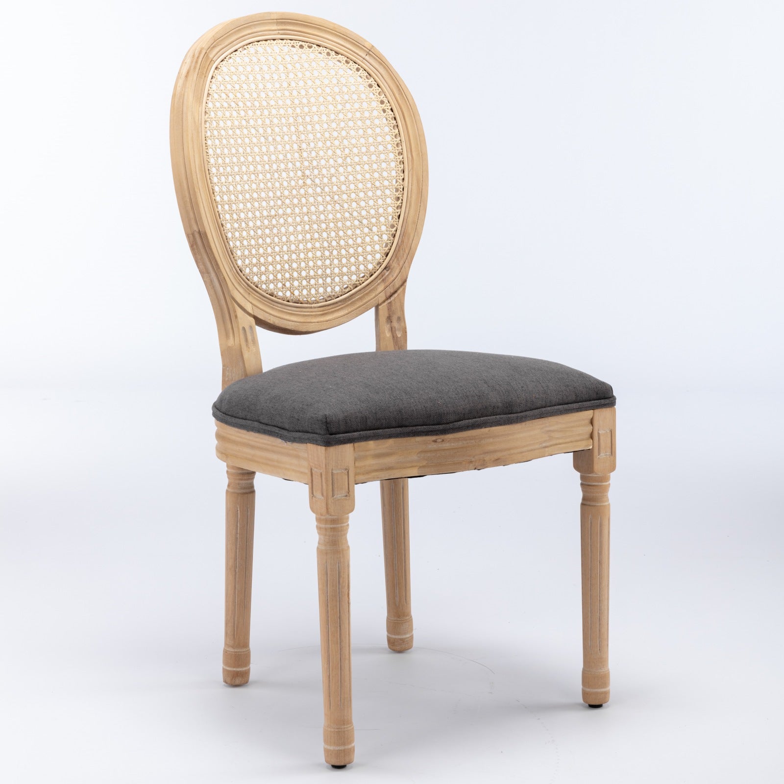 A&A Furniture,French Style Solid Wood Frame Antique Painting Linen Fabric Rattan Back Dining Chair,Set of 2,Gray