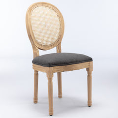 A&A Furniture,French Style Solid Wood Frame Antique Painting Linen Fabric Rattan Back Dining Chair,Set of 2,Gray