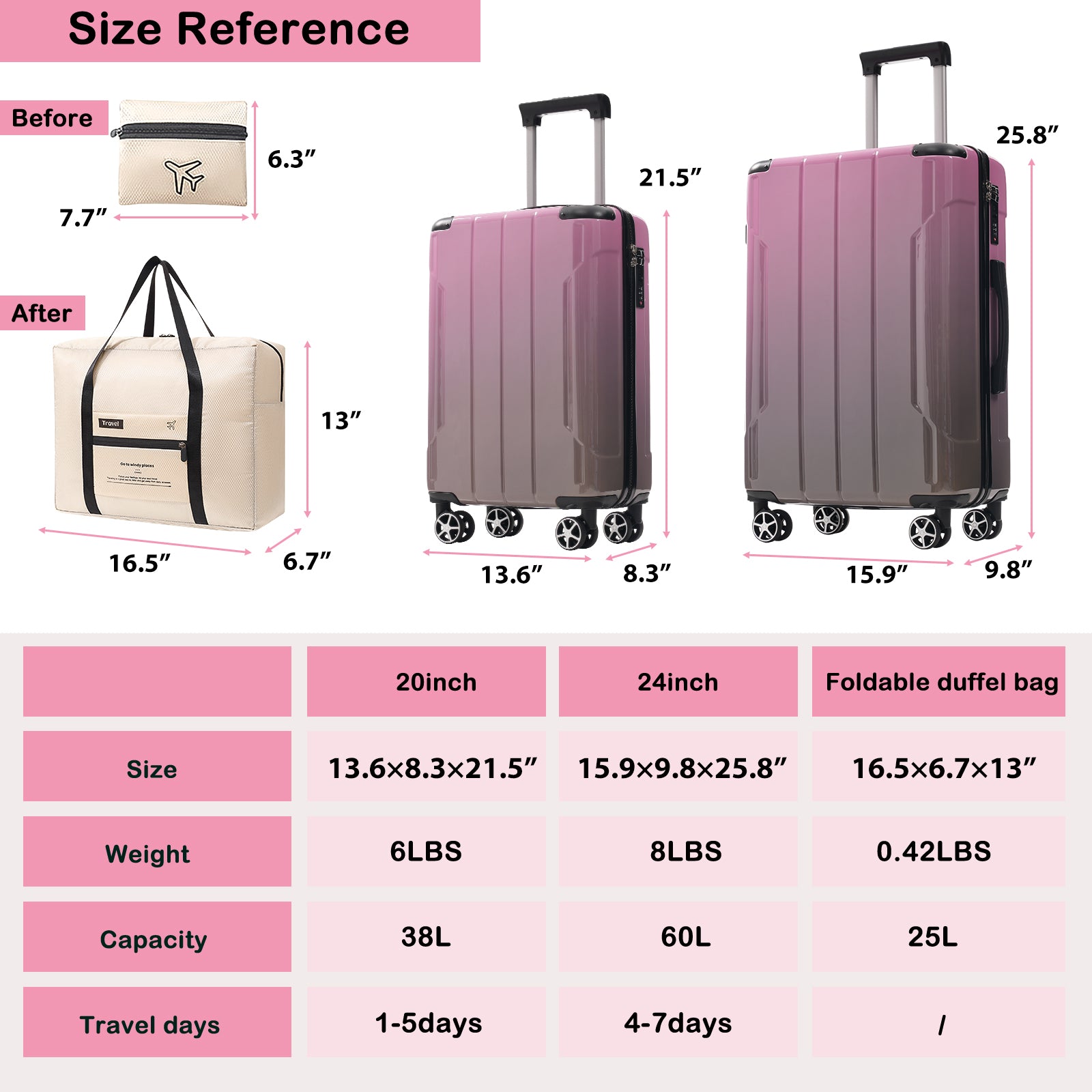 Luggage Sets 3 Piece Suitcase Set with Spinner Wheels, Built-in TSA Lock, Foldable Duffel Bag for Travel Men & Women