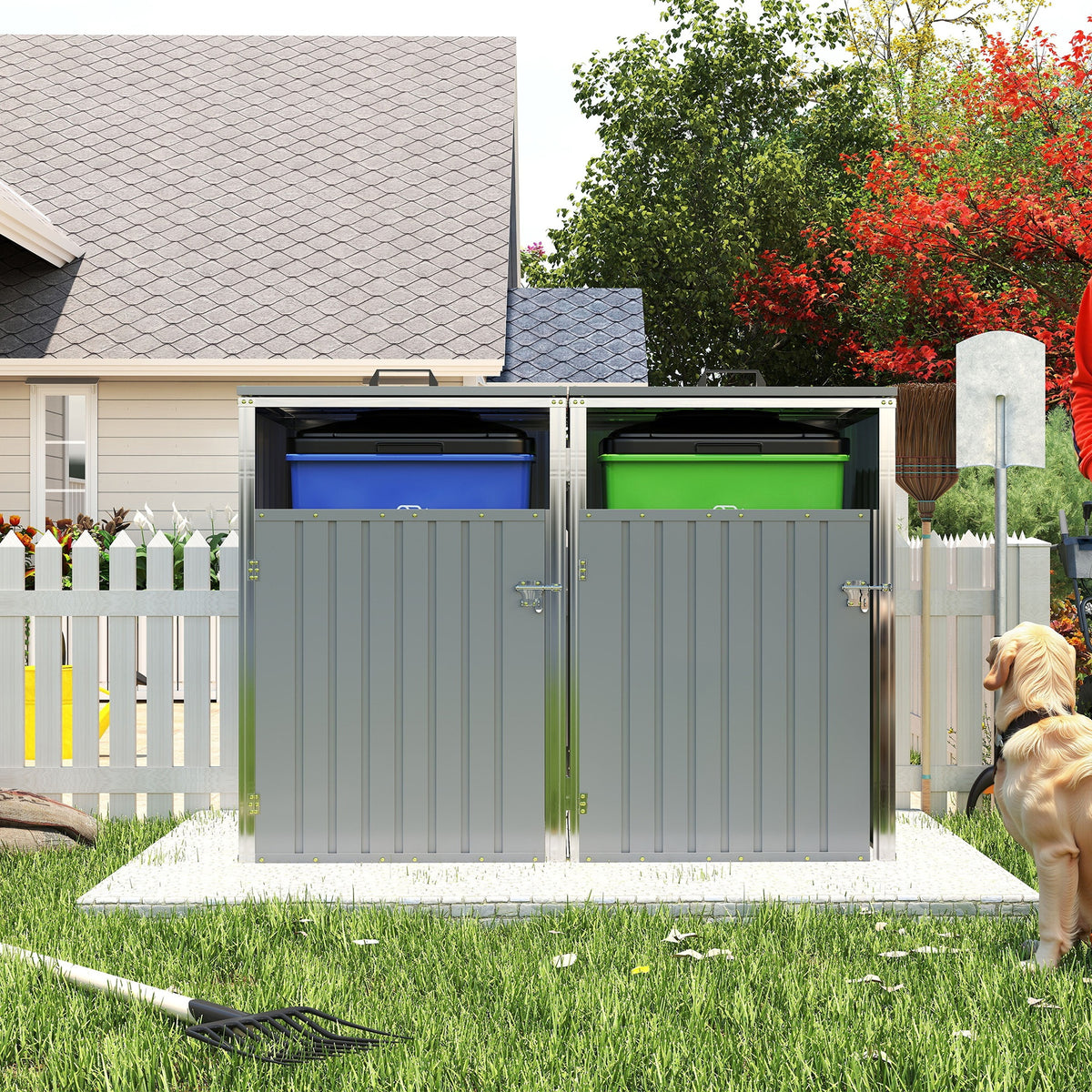 Garbage Bin Shed Stores 2 Trash Cans Metal Outdoor Bin Shed for Garbage Storage,54 cubic feet of space,Stainless Galvanized Steel, Bin Shed for Garden Yard Lawn,Grey