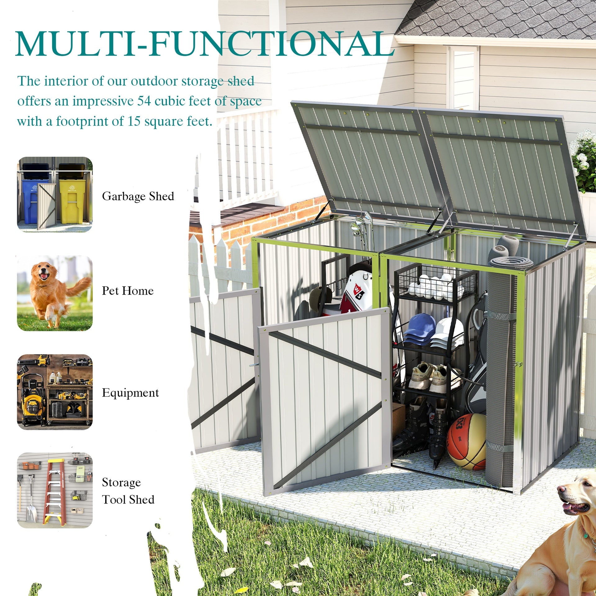 Garbage Bin Shed Stores 2 Trash Cans Metal Outdoor Bin Shed for Garbage Storage,54 cubic feet of space,Stainless Galvanized Steel, Bin Shed for Garden Yard Lawn,Grey