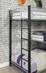 Unique Triple Twin Decker Bed Contemporary Style Full Metal Construction Two Ladders And Guard Rails sand Black Finish