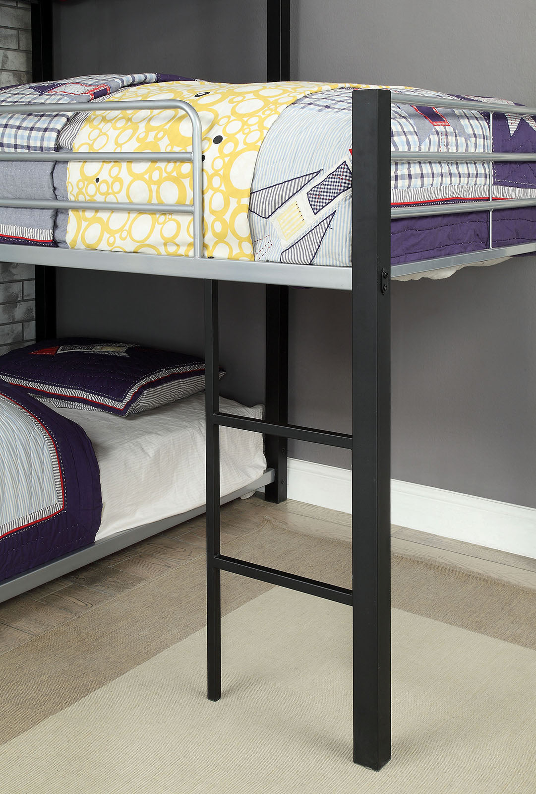 Unique Triple Twin Decker Bed Contemporary Style Full Metal Construction Two Ladders And Guard Rails sand Black Finish