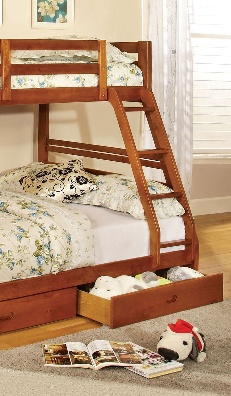 Oak Finish Twin Over Full Bunk Bed Modern Transitional Style Include Two Large Drawers for Under Bed Storage And Attached Ladder