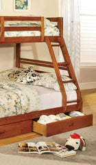 Oak Finish Twin Over Full Bunk Bed Modern Transitional Style Include Two Large Drawers for Under Bed Storage And Attached Ladder