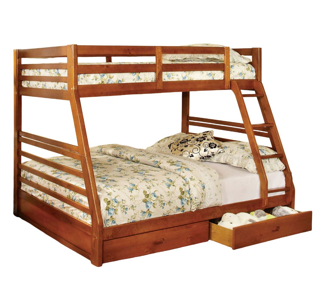 Oak Finish Twin Over Full Bunk Bed Modern Transitional Style Include Two Large Drawers for Under Bed Storage And Attached Ladder