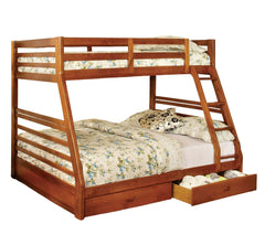 Oak Finish Twin Over Full Bunk Bed Modern Transitional Style Include Two Large Drawers for Under Bed Storage And Attached Ladder