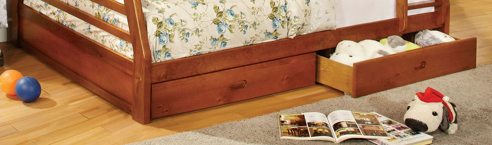 Oak Finish Twin Over Full Bunk Bed Modern Transitional Style Include Two Large Drawers for Under Bed Storage And Attached Ladder