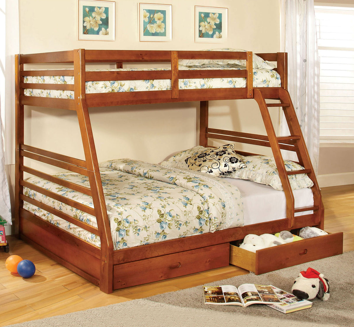 Oak Finish Twin Over Full Bunk Bed Modern Transitional Style Include Two Large Drawers for Under Bed Storage And Attached Ladder