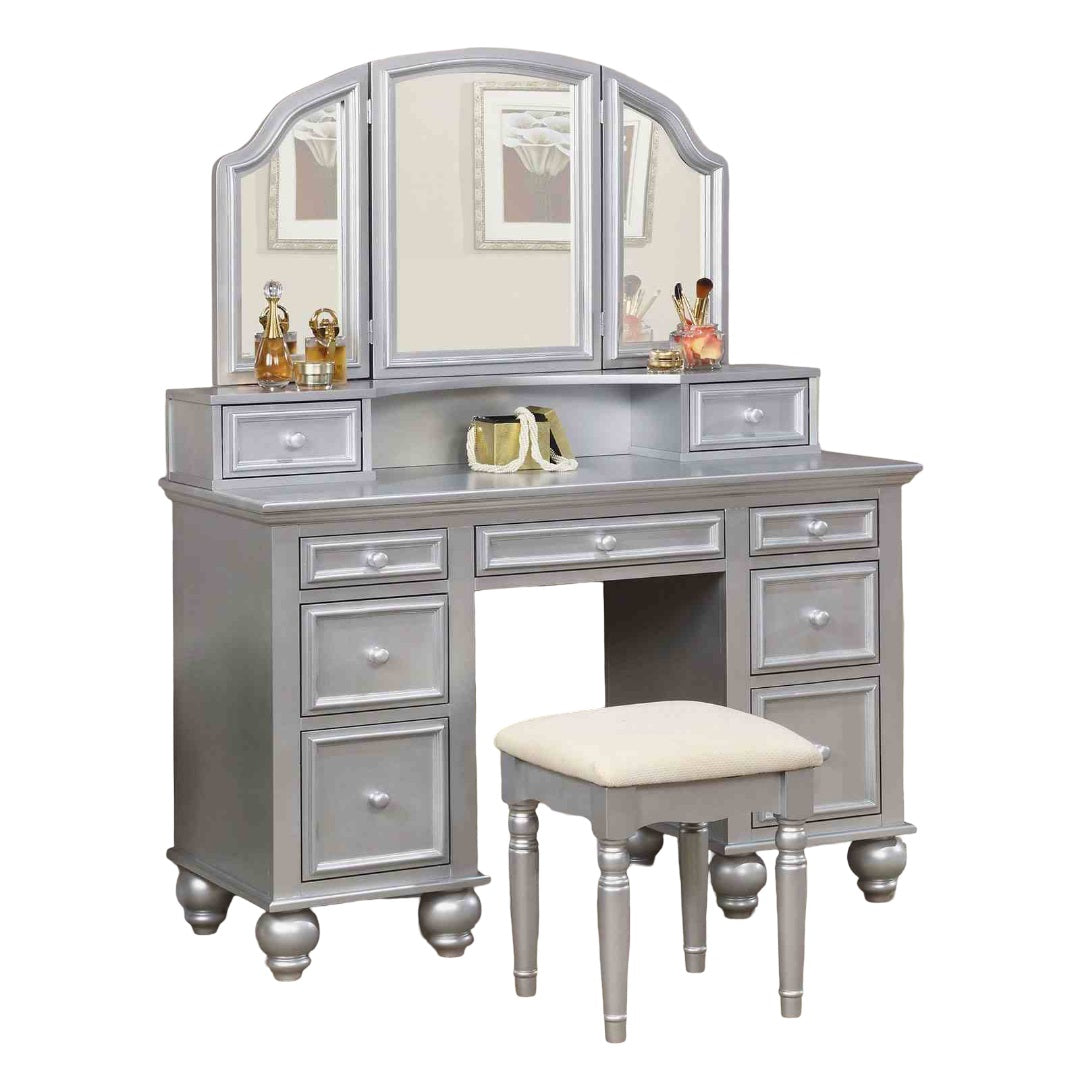 Transitional Style  1pc Vanity w/ Stool Set Knob Handles Storage Drawers 3-Sidded Mirror Silver Finish Bedroom Furniture