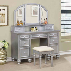 Transitional Style  1pc Vanity w/ Stool Set Knob Handles Storage Drawers 3-Sidded Mirror Silver Finish Bedroom Furniture