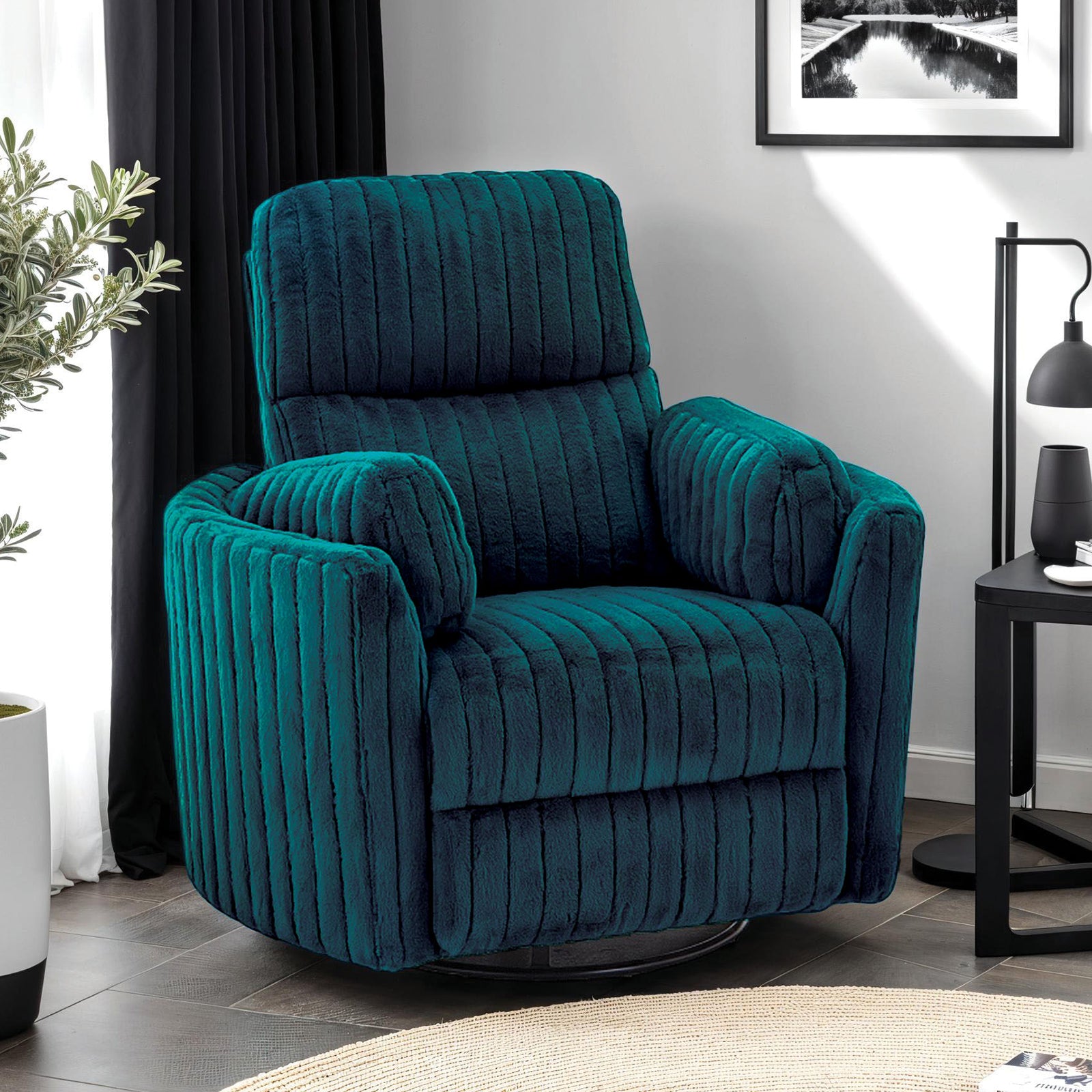 Power Glider Recliner w/ Swivel Curved Arms Pillow Fill Swivel Chair Contemporary Dark Teal Primary Living Room