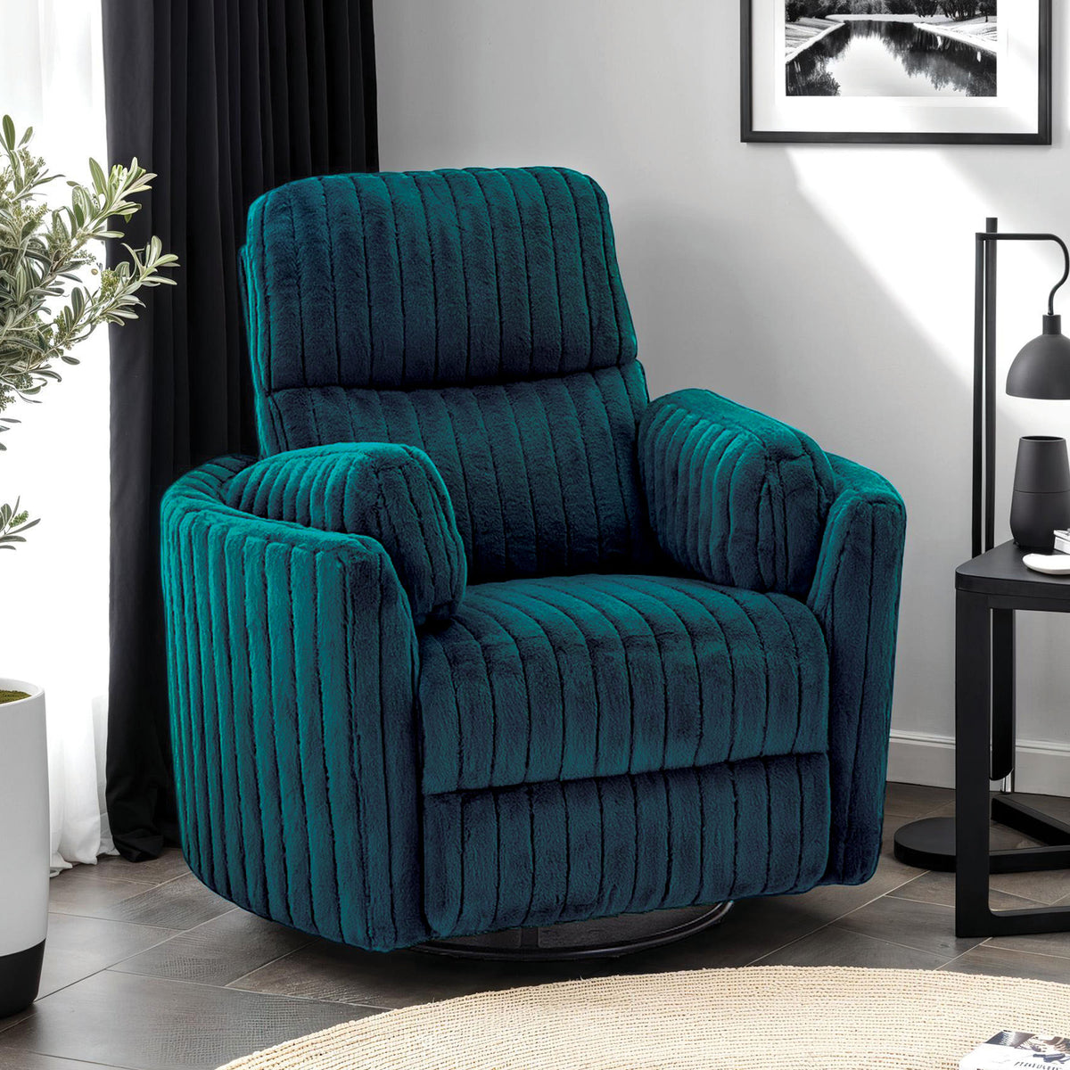 Power Glider Recliner w/ Swivel Curved Arms Pillow Fill Swivel Chair Contemporary Dark Teal Primary Living Room