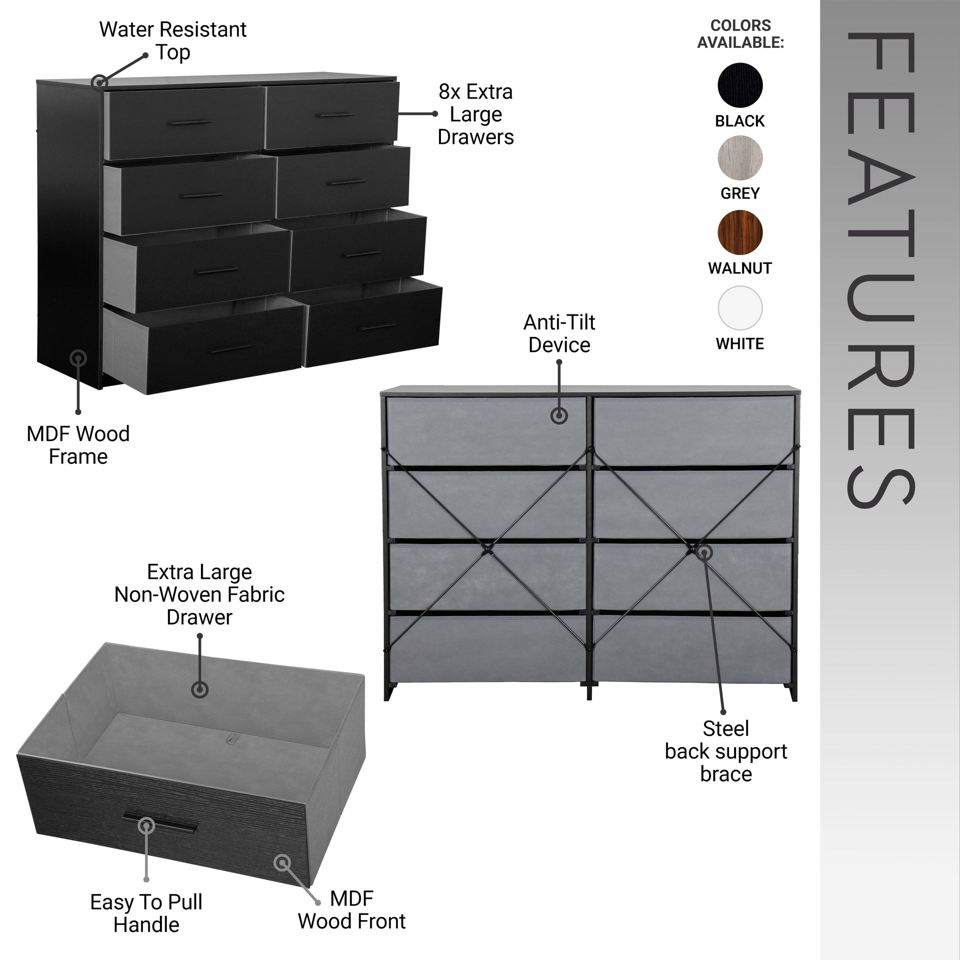 8-Drawer Dresser with Large Fabric Drawers, Black