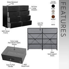 8-Drawer Dresser with Large Fabric Drawers, Black
