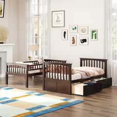 Twin over Twin Bunk Bed with Drawers, Convertible Beds, Espresso