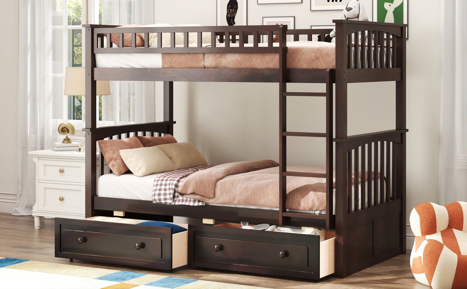 Twin over Twin Bunk Bed with Drawers, Convertible Beds, Espresso