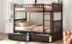 Twin over Twin Bunk Bed with Drawers, Convertible Beds, Espresso