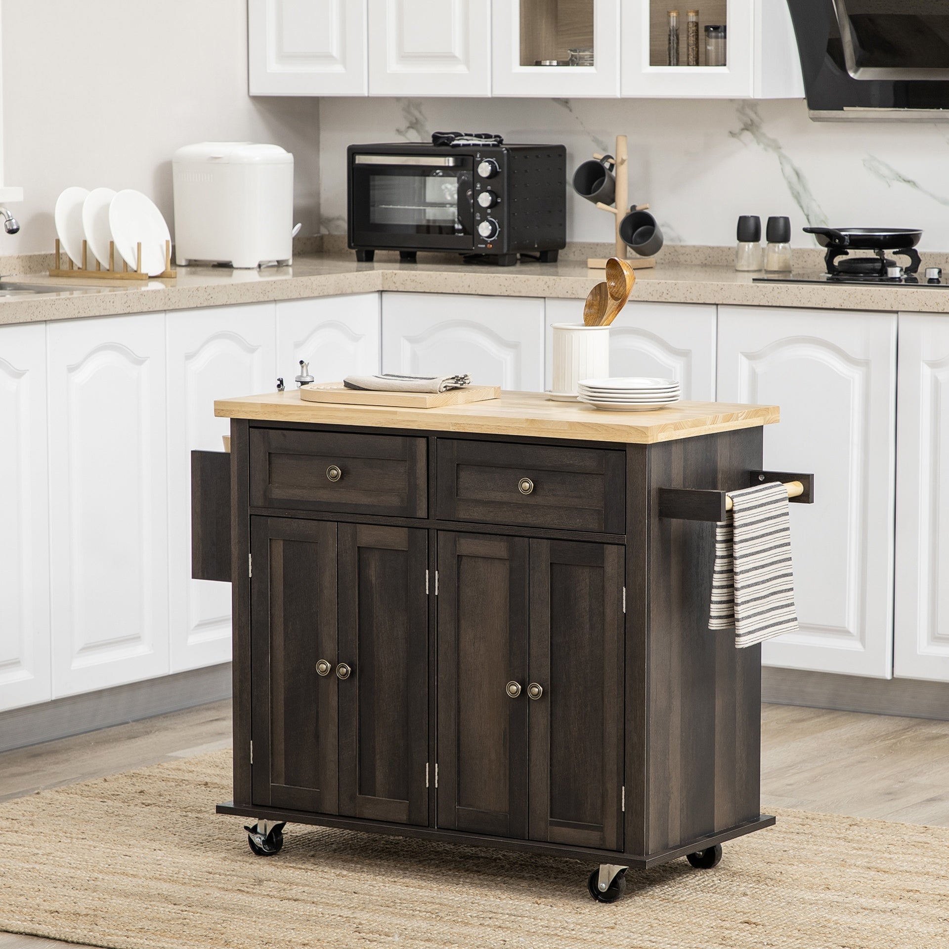 HOMCOM Modern Rolling Kitchen Island Cart with Spice Rack, Brown Oak