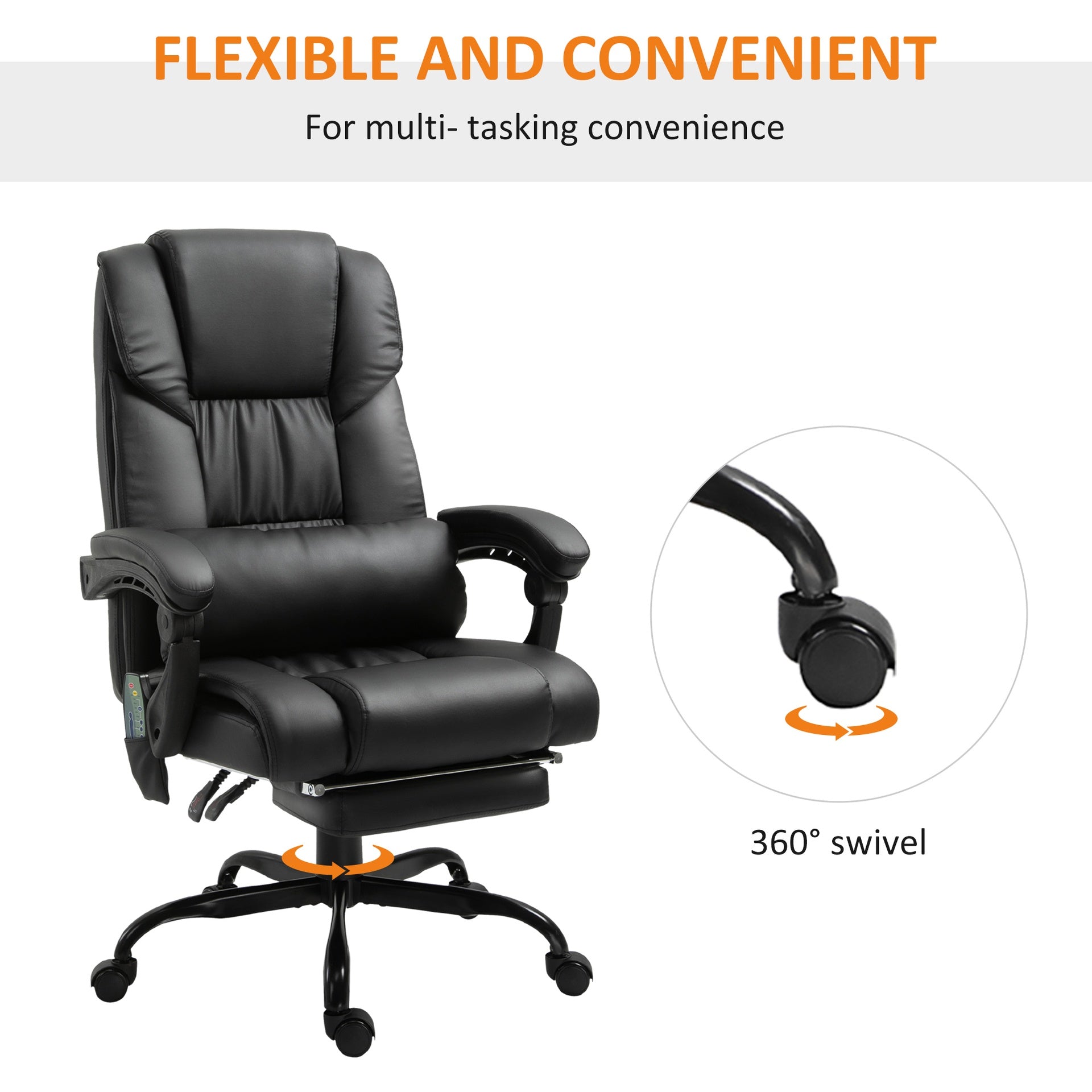 Vinsetto High Back Massage Office Chair with 6 Vibration Points, PU Leather Reclining Computer Chair, Ergonomic Office Chair with Footrest Adjustable Height and Remote, Black