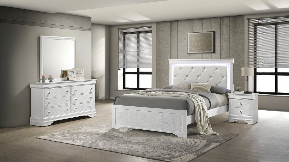 Blaze Upholstered Modern Style 4 Pc Queen Bedroom Set with LED Headboard Made with Wood in White(NJ INVENTORY)