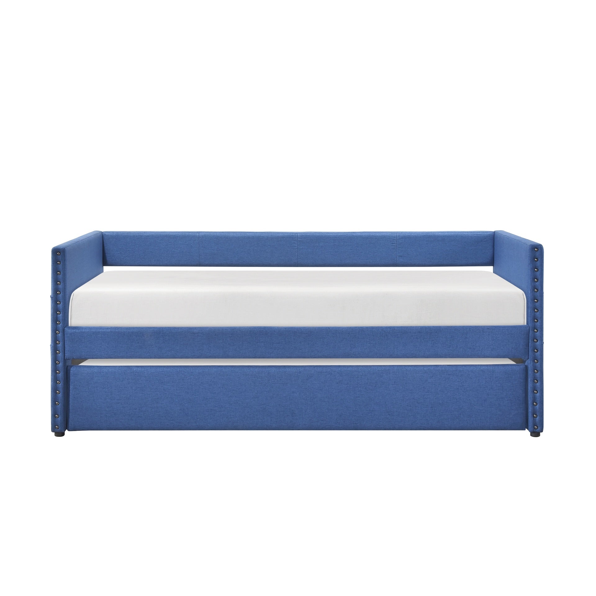 Modern Daybed Pull-out Trundle Side Pockets Blue Upholstery Nailhead Trim Bedroom Living Room Furniture 1pc