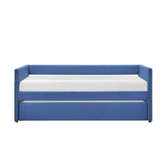 Modern Daybed Pull-out Trundle Side Pockets Blue Upholstery Nailhead Trim Bedroom Living Room Furniture 1pc