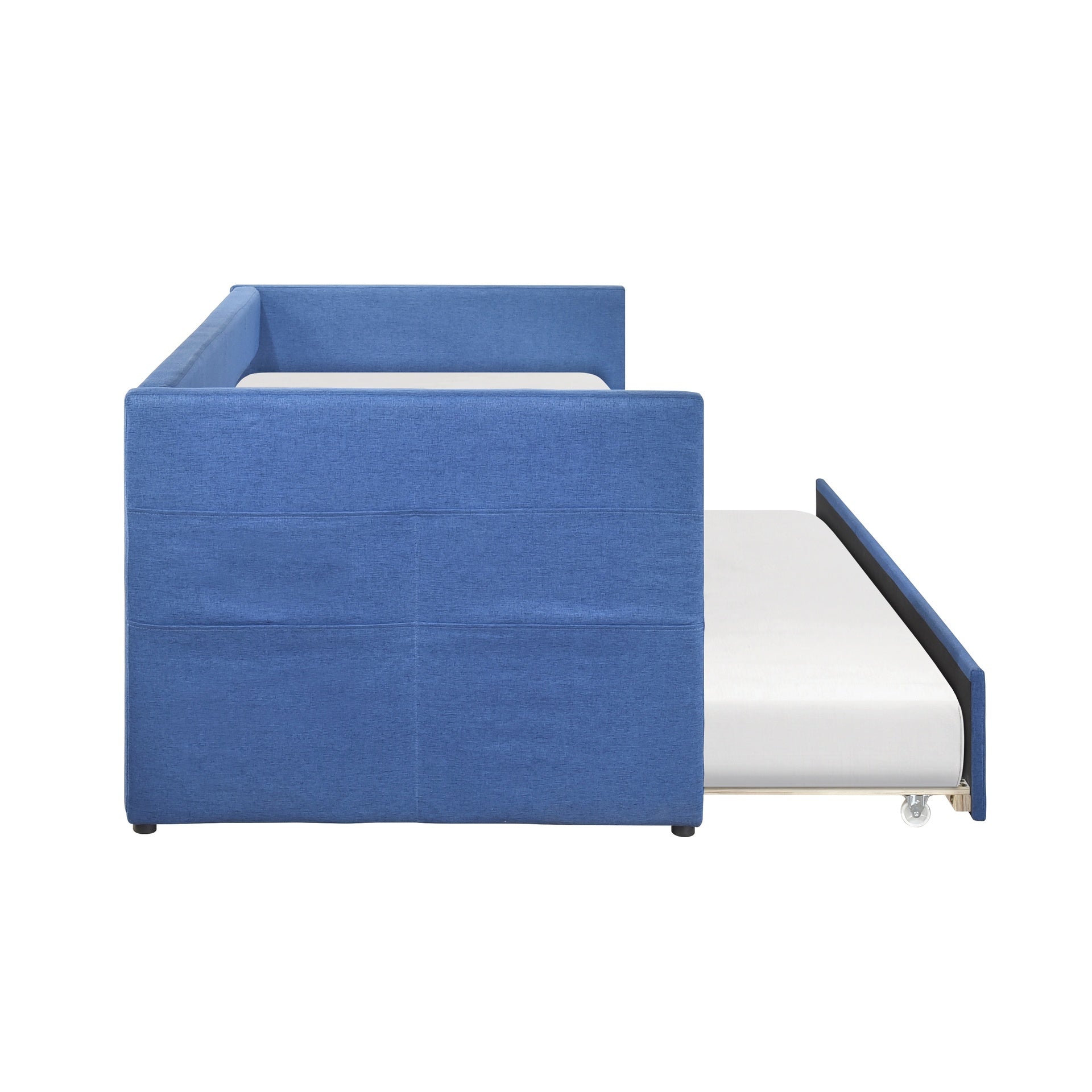 Modern Daybed Pull-out Trundle Side Pockets Blue Upholstery Nailhead Trim Bedroom Living Room Furniture 1pc